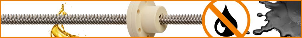 Lead screw with attached lead screw nut and graphics depicting lack of external lubrication