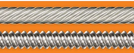 Two stainless steel high helix lead screws stacked vertically. The top screw features a thread with a leftward diagonal slant, positioned between horizontal and vertical. The bottom screw has a steeper rightward slant, nearly vertical. Both screws have a 1.3mm thread spacing, ensuring precise engagement and smooth operation for high-efficiency applications.