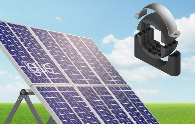 Graphic of a solar panel with installed pillow block bearing, and a blown out image of a pillow block bearing alongside it